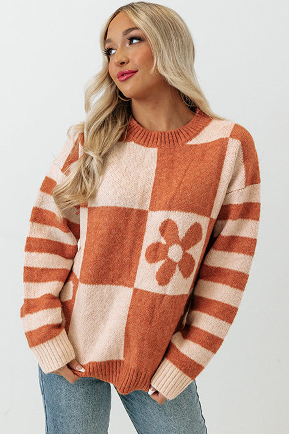 Brown Checkered Floral Print Striped Sleeve Sweater Sweaters JT's Designer Fashion