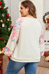 Apricot Plus Size Floral Patchwork Ribbed Puff Sleeve Top Plus Size Long Sleeve Tops JT's Designer Fashion