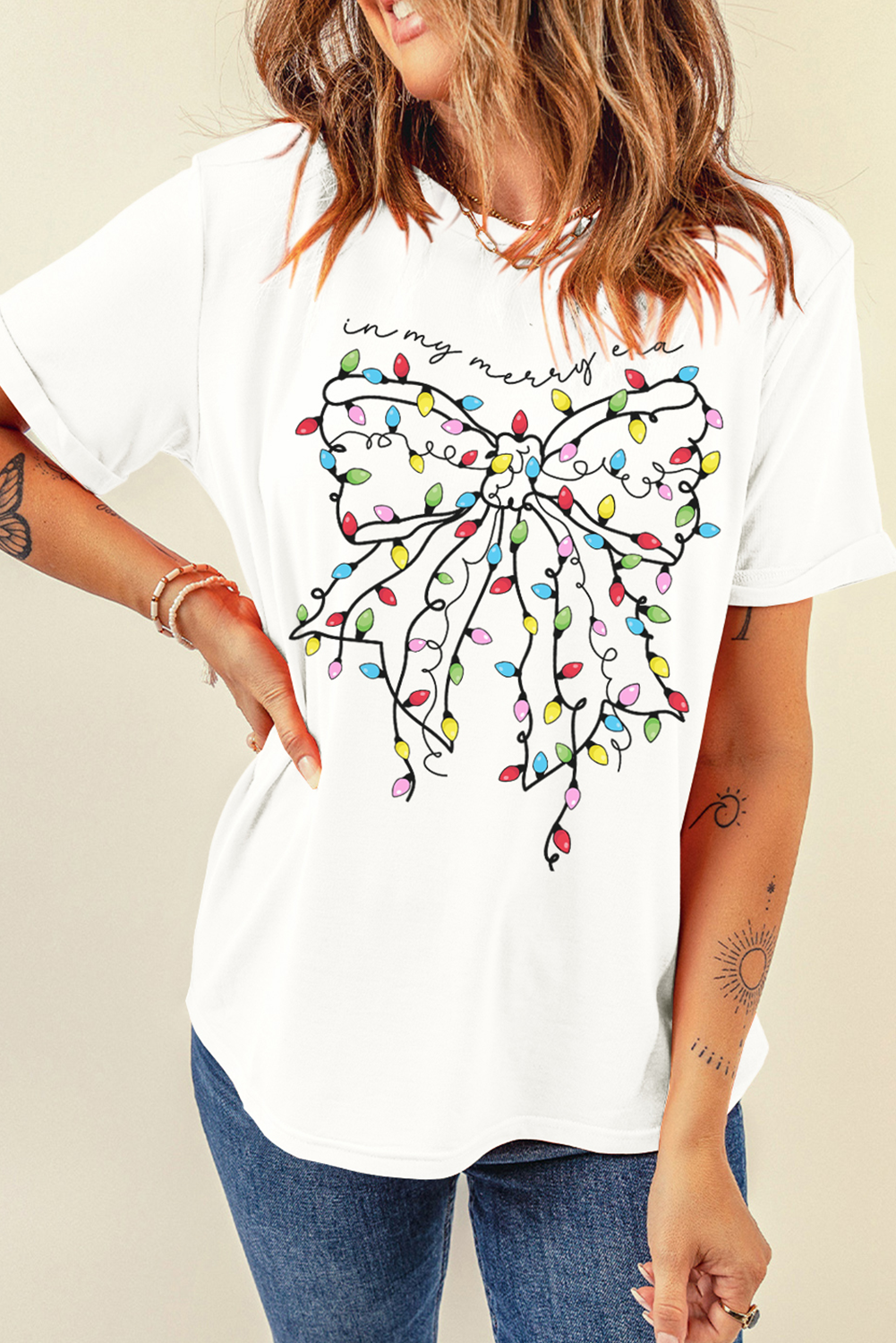 White Colored Light Bowknot Graphic Crewneck T Shirt Graphic Tees JT's Designer Fashion