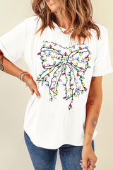 White Colored Light Bowknot Graphic Crewneck T Shirt Graphic Tees JT's Designer Fashion