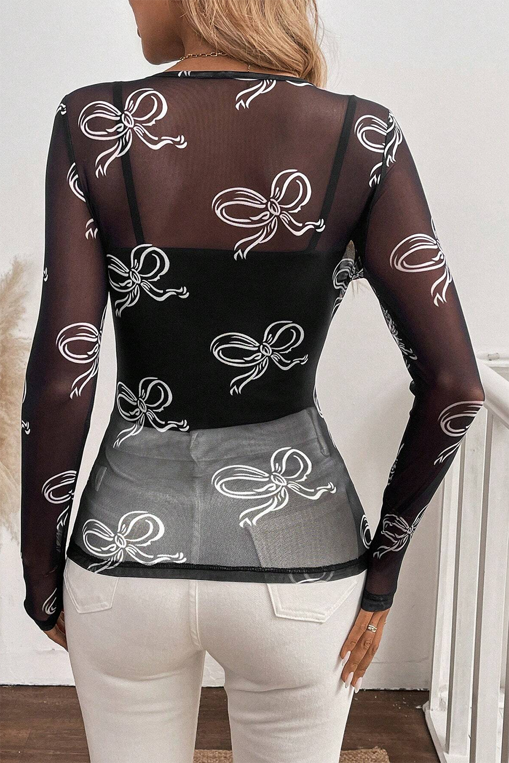 Black Round Neck Bow Print Long Sleeve Mesh Top Long Sleeve Tops JT's Designer Fashion