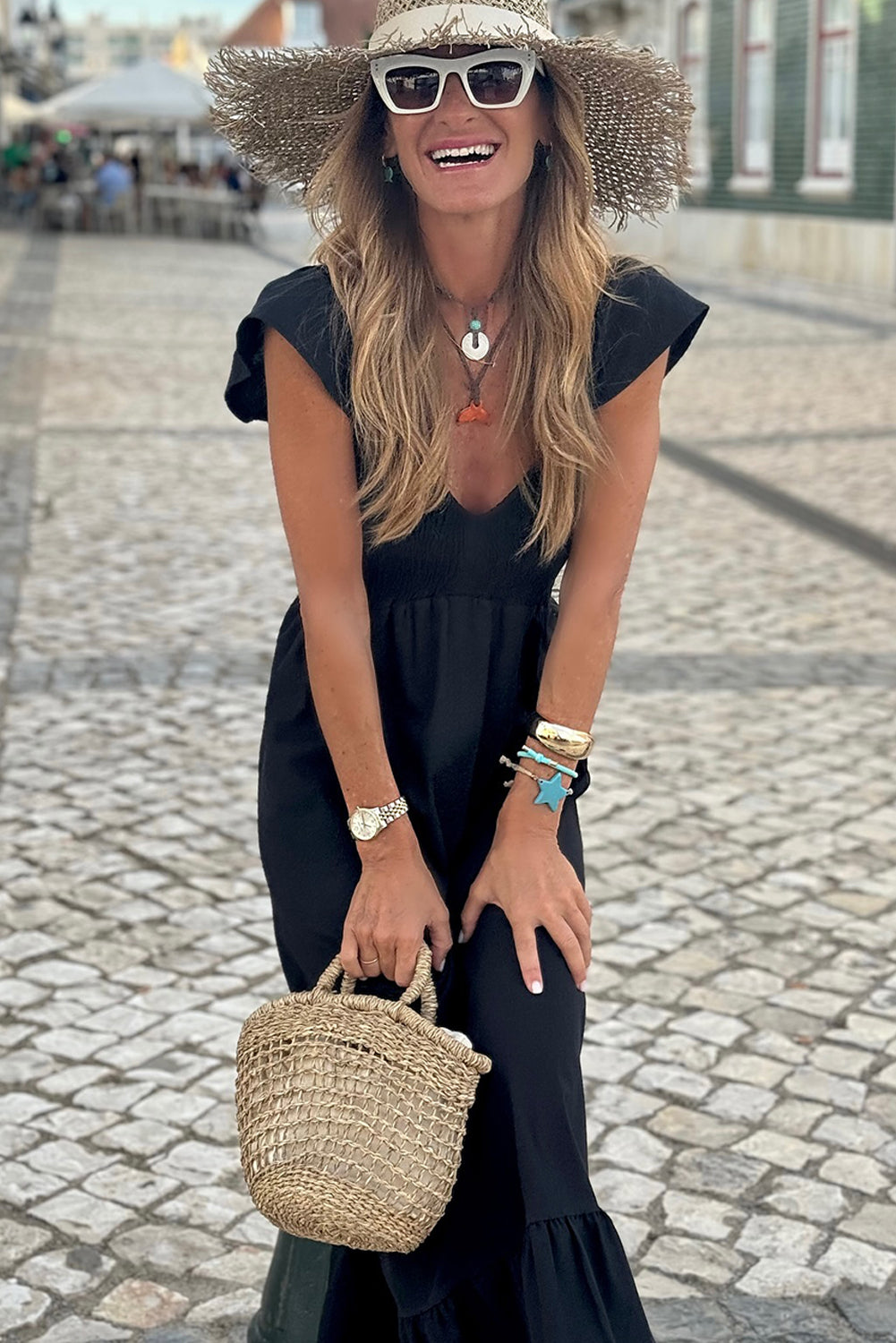 Black V Neck Flutter Sleeve Smocked Bodice High Waist Ruffle Long Dress Maxi Dresses JT's Designer Fashion