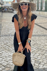 Black V Neck Flutter Sleeve Smocked Bodice High Waist Ruffle Long Dress Maxi Dresses JT's Designer Fashion