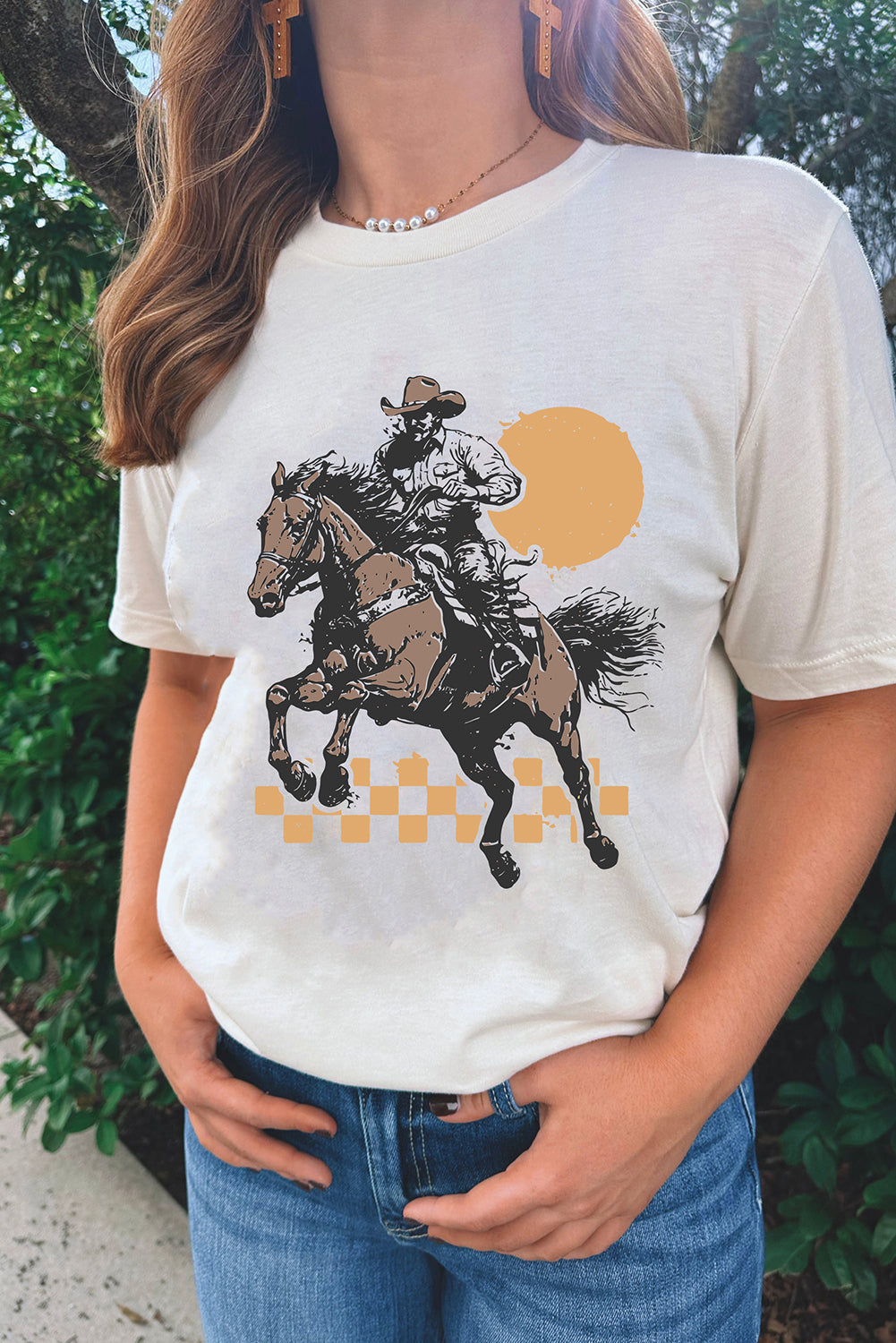 White Sunset Cowboy Print Western Fashion T Shirt Graphic Tees JT's Designer Fashion