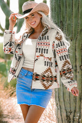 Beige Aztec Printed Stand Neck Zip Up Jacket Beige 100%Polyester Jackets JT's Designer Fashion