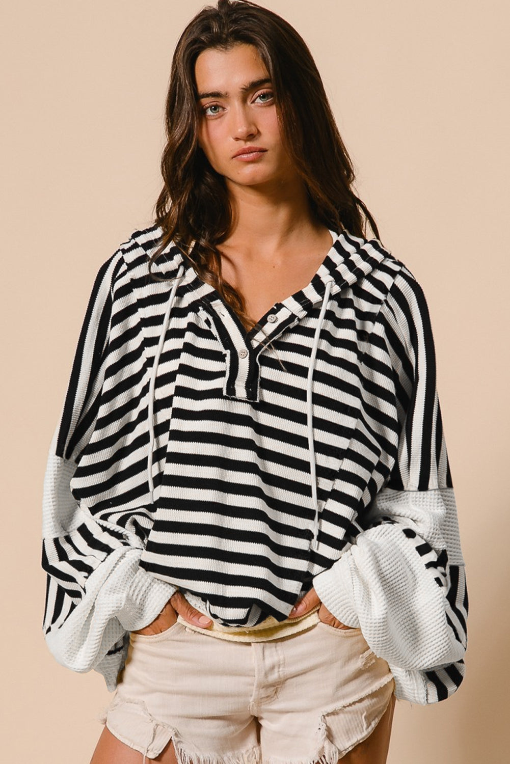 Black white Oversized Striped Henley Buttons Dolman Sleeve Hooded Top Long Sleeve Tops JT's Designer Fashion