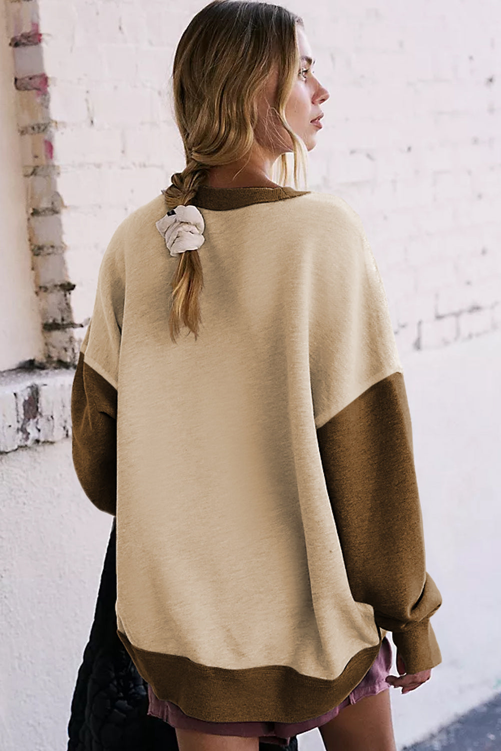Apricot Color Block Thumbhole Sleeve Drop Shoulder Sweatshirt Sweatshirts & Hoodies JT's Designer Fashion