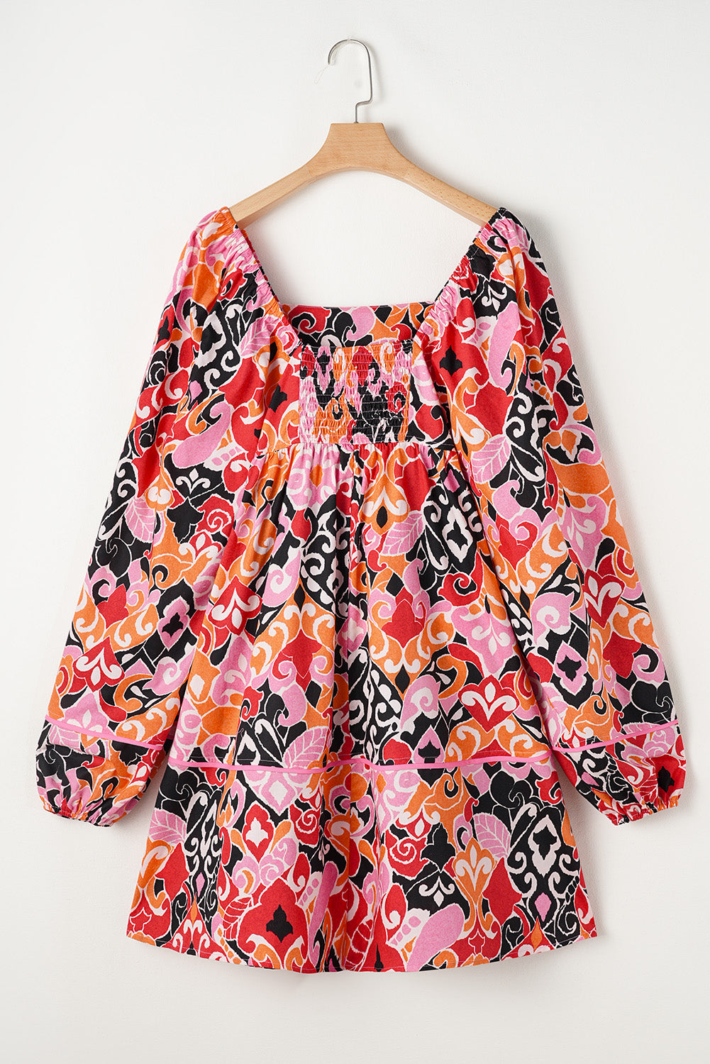 Pink Bohemian Square Neck Puff Sleeve Mini Dress Mini Dresses JT's Designer Fashion