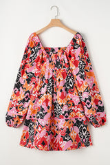 Pink Bohemian Square Neck Puff Sleeve Mini Dress Mini Dresses JT's Designer Fashion