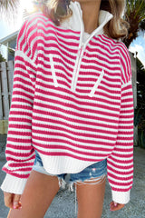 Pink Stripe Zip up Collar Drop Shoulder Sweater Pink Stripe 60%Cotton+40%Acrylic Sweaters JT's Designer Fashion