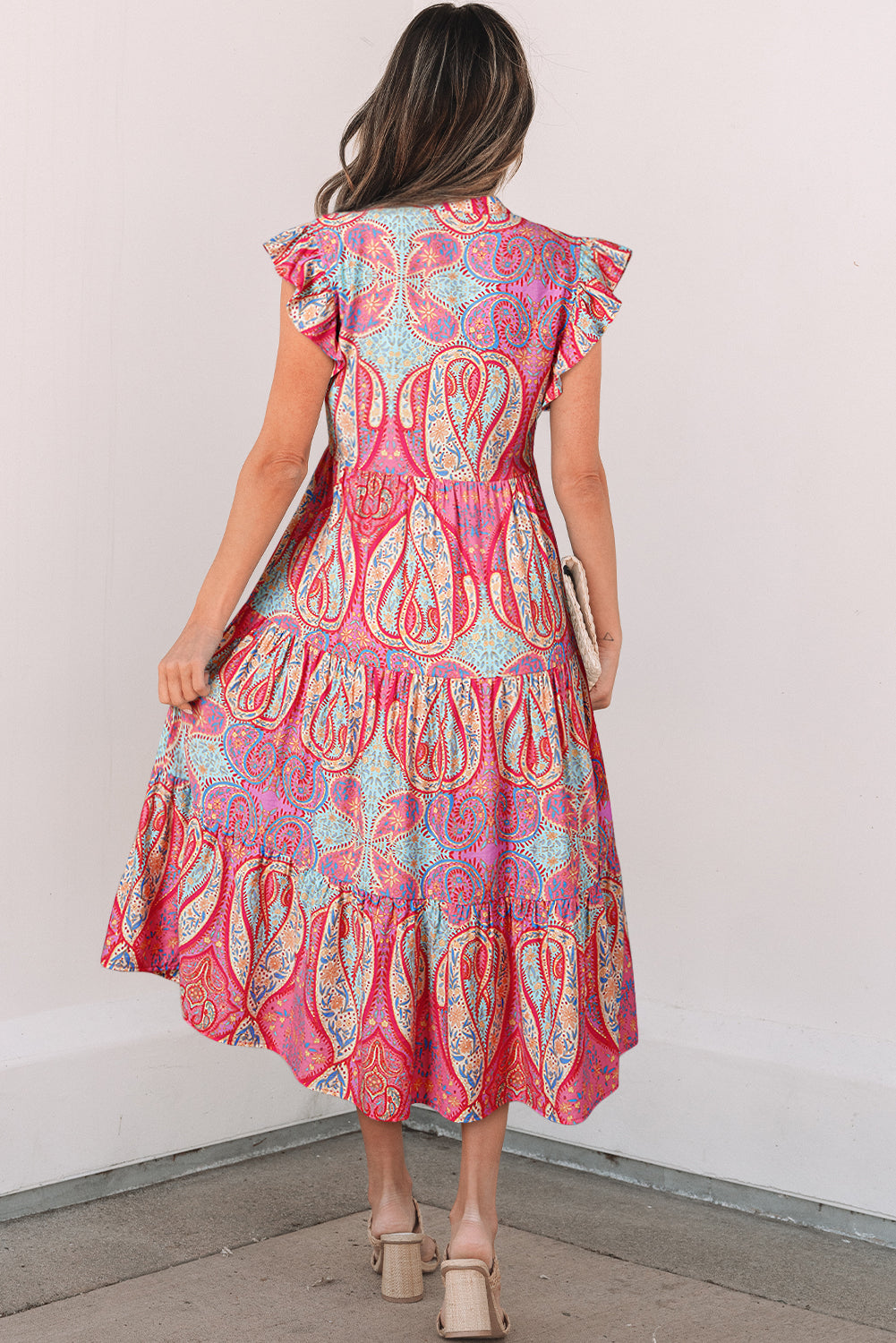 Rose Tribal Paisley Print Ruffled Sleeve Notch Neck Midi Dress Floral Dresses JT's Designer Fashion