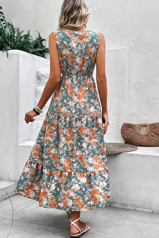 Green Floral Print Trimmed V Neck Tie Waist Sleeveless Holiday Long Dress Maxi Dresses JT's Designer Fashion