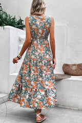 Green Floral Print Trimmed V Neck Tie Waist Sleeveless Holiday Long Dress Maxi Dresses JT's Designer Fashion