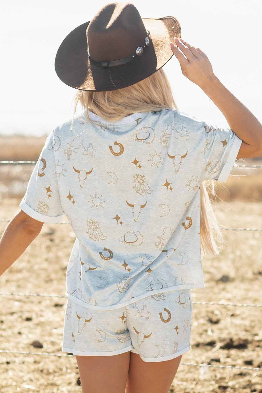 Gray Western Fashion Printed T Shirt Elastic Waist Shorts Set Short Sets JT's Designer Fashion