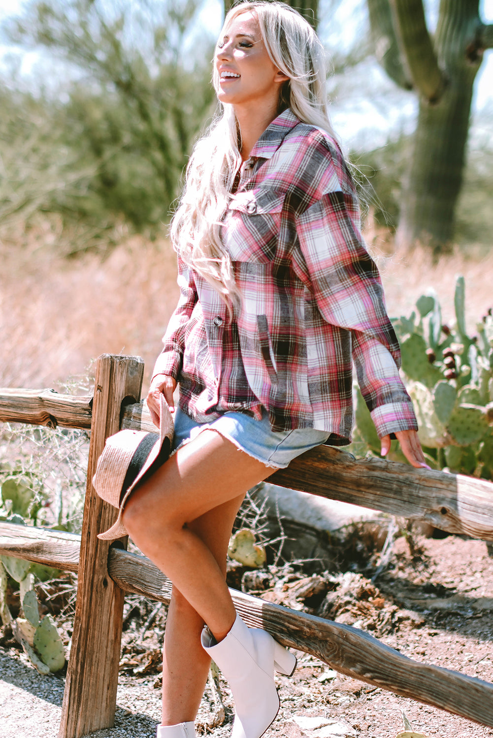 Pink Plaid Flap Pocket Button Up Shacket Plaid Shackets JT's Designer Fashion