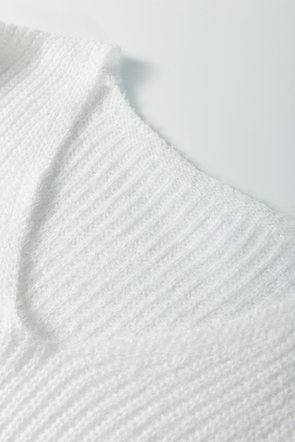 White Pearl Beaded Heart Pattern Fuzzy V Neck Sweater Sweaters JT's Designer Fashion