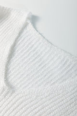 White Pearl Beaded Heart Pattern Fuzzy V Neck Sweater Sweaters JT's Designer Fashion