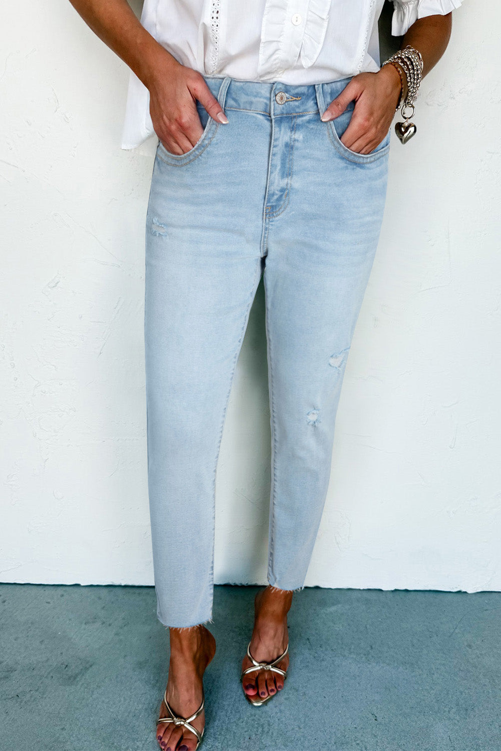 Beau Blue Mid Rise Ankle-Length Distressed Skinny Jeans Beau Blue 65%Cotton+33%Polyester+2%Elastane Jeans JT's Designer Fashion