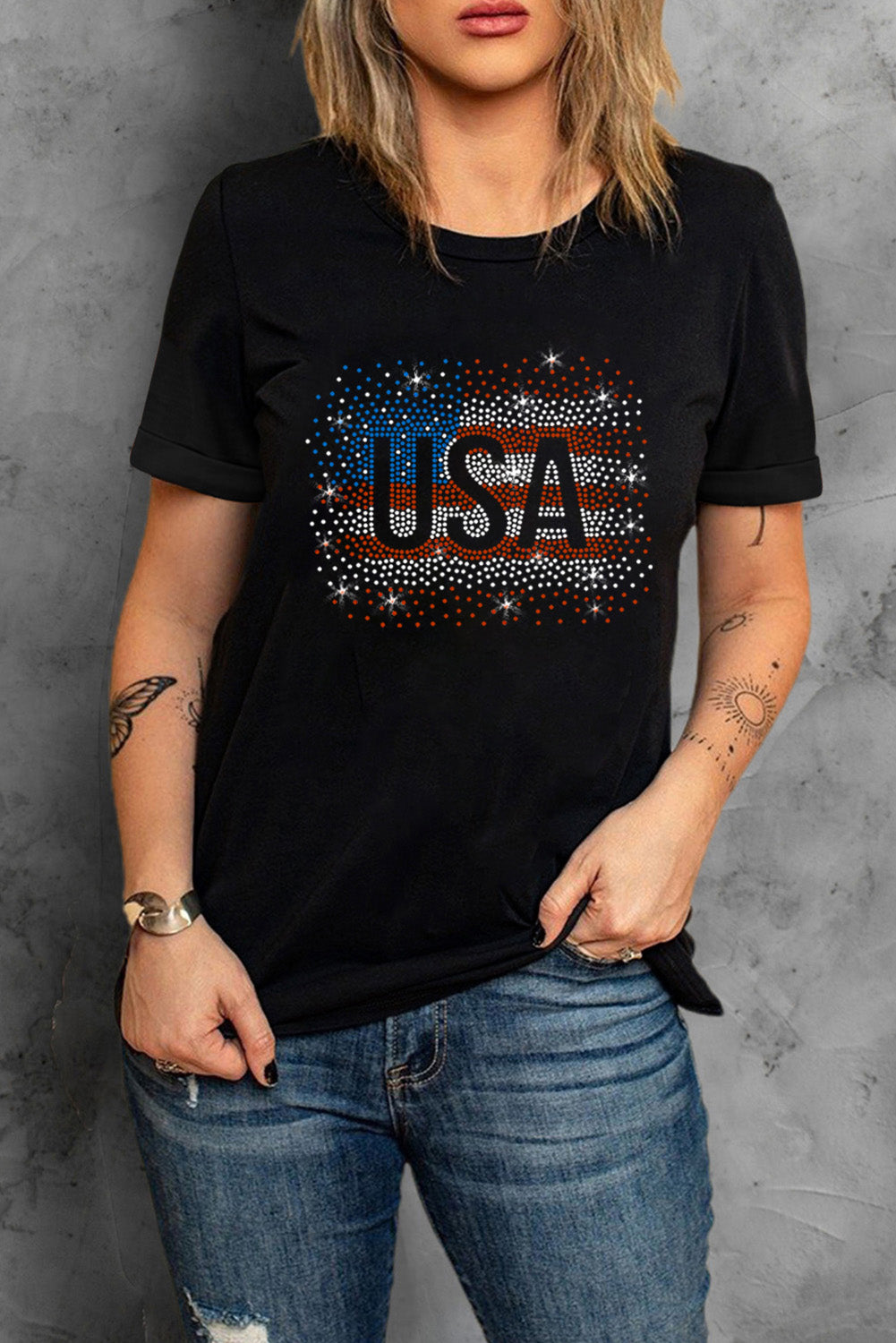 Black Rhinestone America Flag USA Graphic T Shirt Graphic Tees JT's Designer Fashion