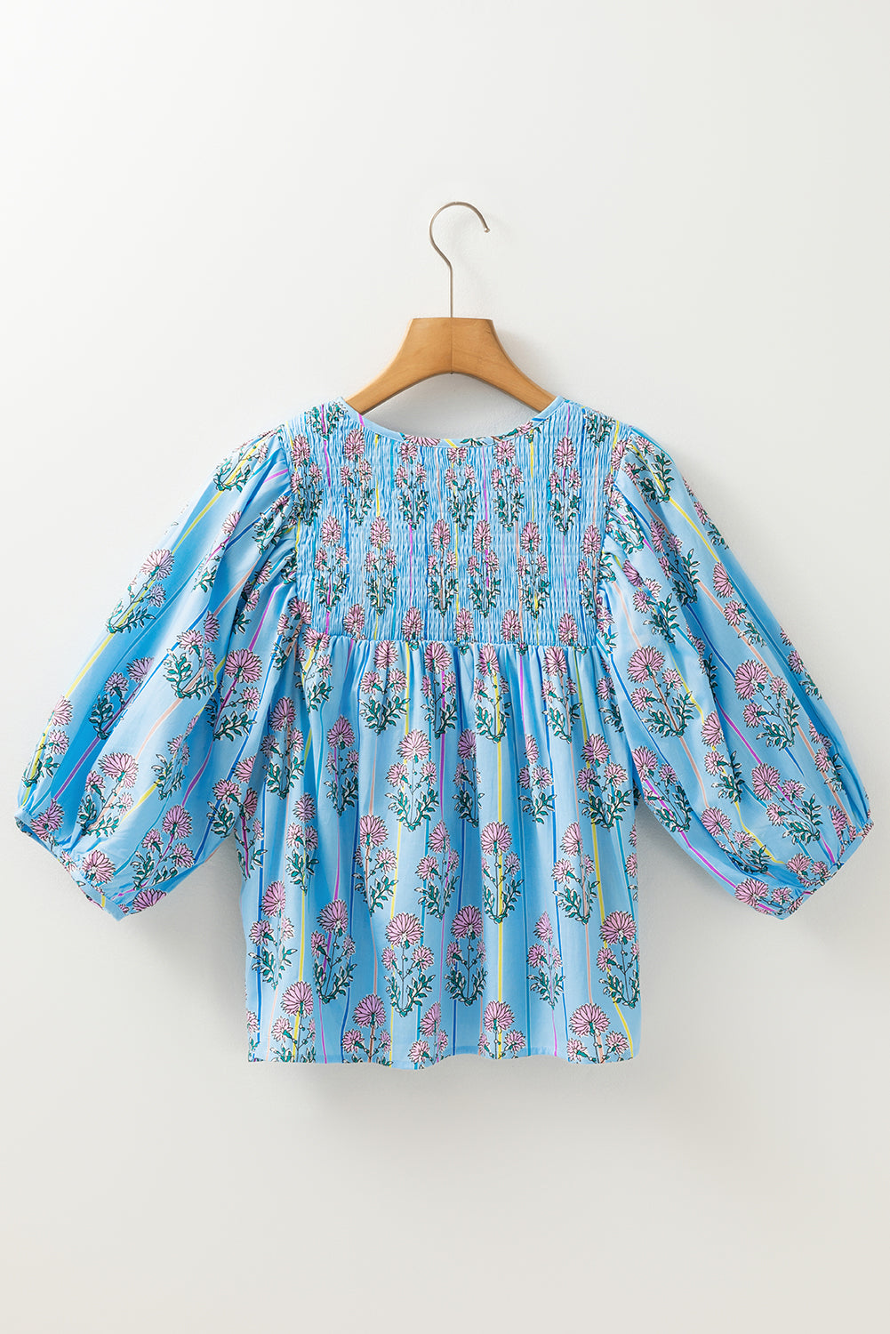 Sky Blue Floral Striped Print Shirred Yoke Split Neck Blouse Blouses & Shirts JT's Designer Fashion