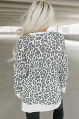 White Printed Solid Trim Leopard Print Top Long Sleeve Tops JT's Designer Fashion