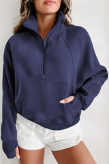 Navy Blue Fleece Lined Zip Up Stand Collar Thumbhole Sleeve Sweatshirt Sweatshirts & Hoodies JT's Designer Fashion