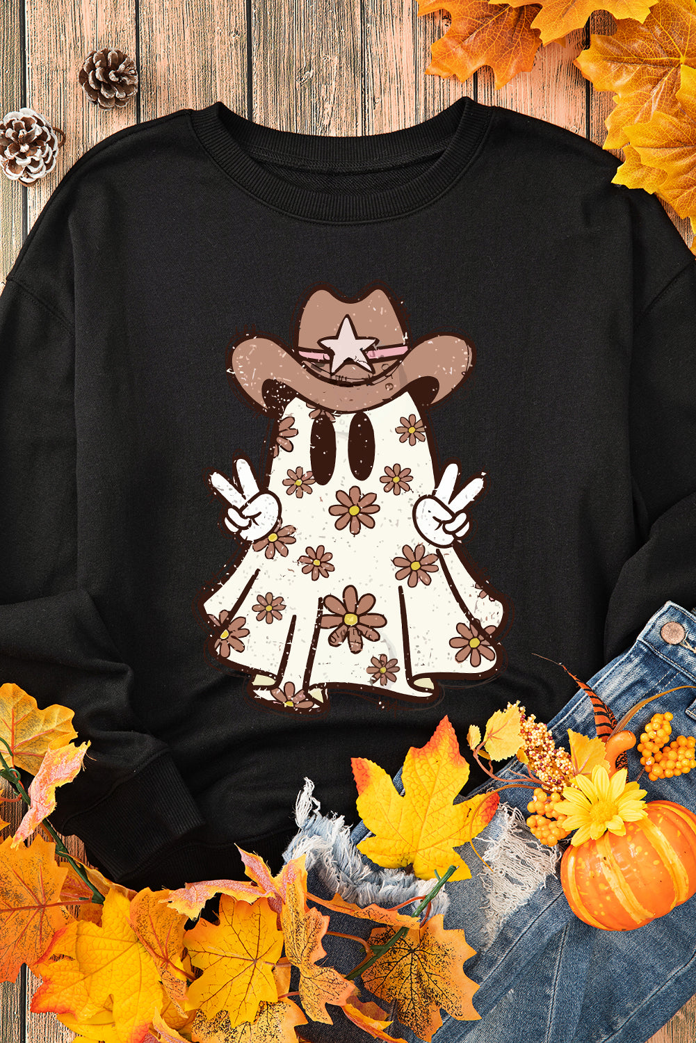 Black Halloween Floral Ghost Print Pullover Graphic Sweatshirt Graphic Sweatshirts JT's Designer Fashion
