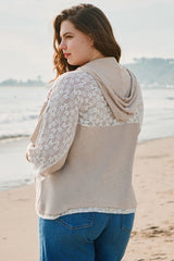 Khaki V Neck Floral Peace Sign Graphic Lace Patch Ribbed Plus Size Hooded Top Plus Size Tops & Tees JT's Designer Fashion