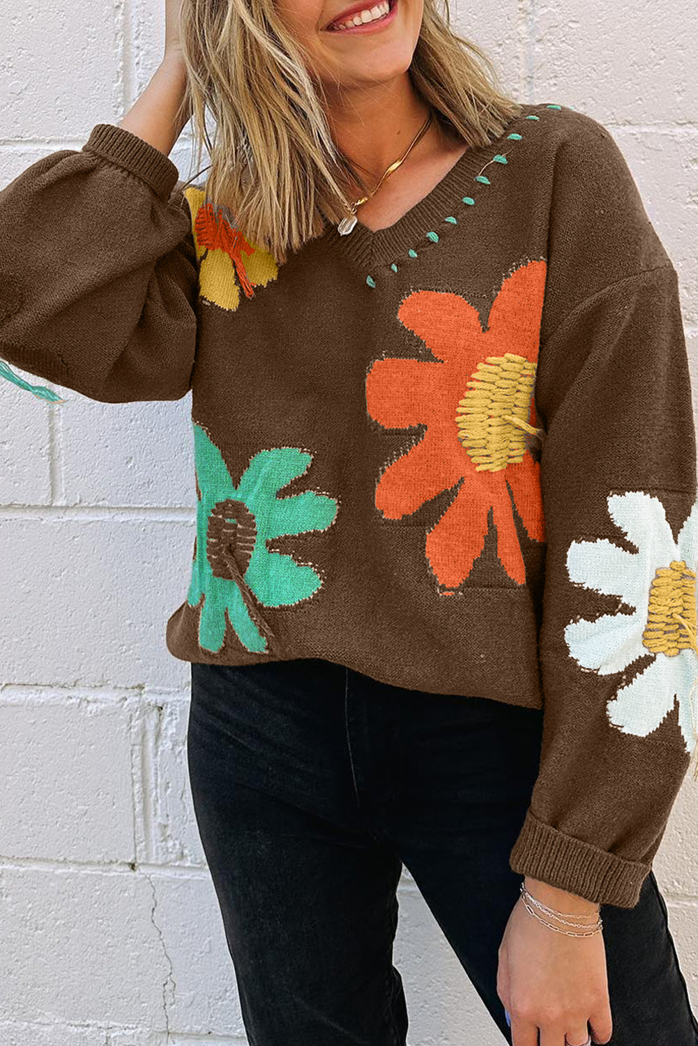 Coffee Big Flower Pattern V Neck Drop Shoulder Sweater Coffee 42%Acrylic+30%Polyester+28%Polyamide Sweaters JT's Designer Fashion