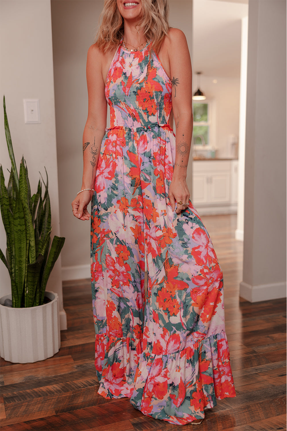 Multicolour Floral Print Smocked Halter Neck Sleeveless Wide Leg Jumpsuit Jumpsuits & Rompers JT's Designer Fashion