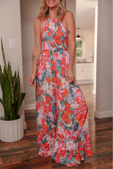 Multicolour Floral Print Smocked Halter Neck Sleeveless Wide Leg Jumpsuit Jumpsuits & Rompers JT's Designer Fashion