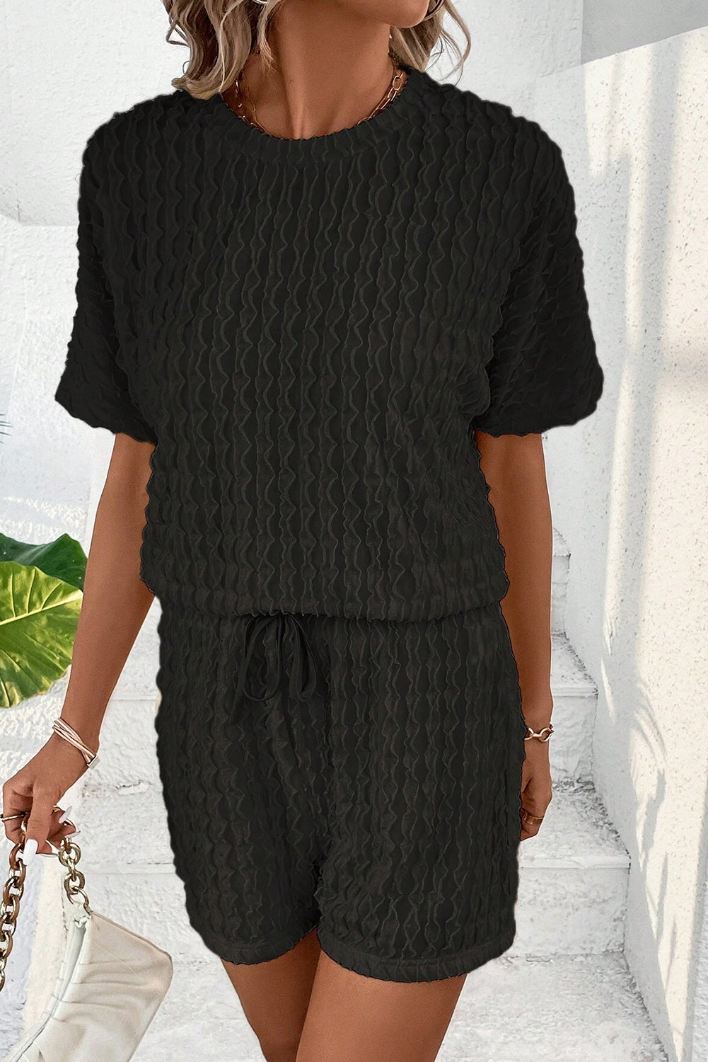 Black Frill Textured Short Sleeve Top and Drawstring Shorts Set Short Sets JT's Designer Fashion
