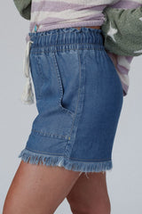 Ashleigh Blue Raw Hem Drawstring High Waist Denim Shorts with Pockets Denim Shorts JT's Designer Fashion