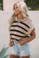 Khaki Stripe Zipped Collar Short Sleeve Sweater Top Sweaters & Cardigans JT's Designer Fashion