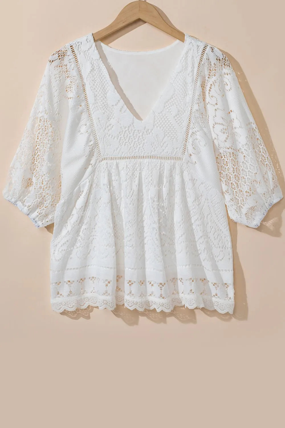 Lace Crochet Hollowed Scallop Hem V Neck Blouse Blouses & Shirts JT's Designer Fashion