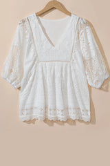 Lace Crochet Hollowed Scallop Hem V Neck Blouse Blouses & Shirts JT's Designer Fashion