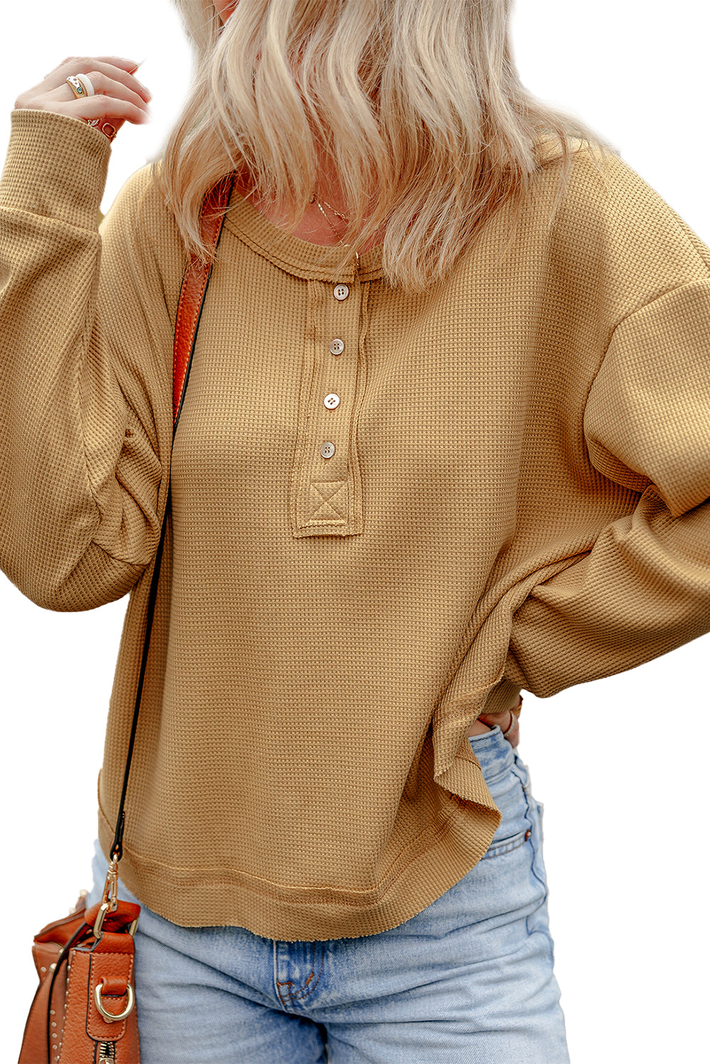 Camel Textured Knit Half Button Drop Shoulder Oversized Top Long Sleeve Tops JT's Designer Fashion