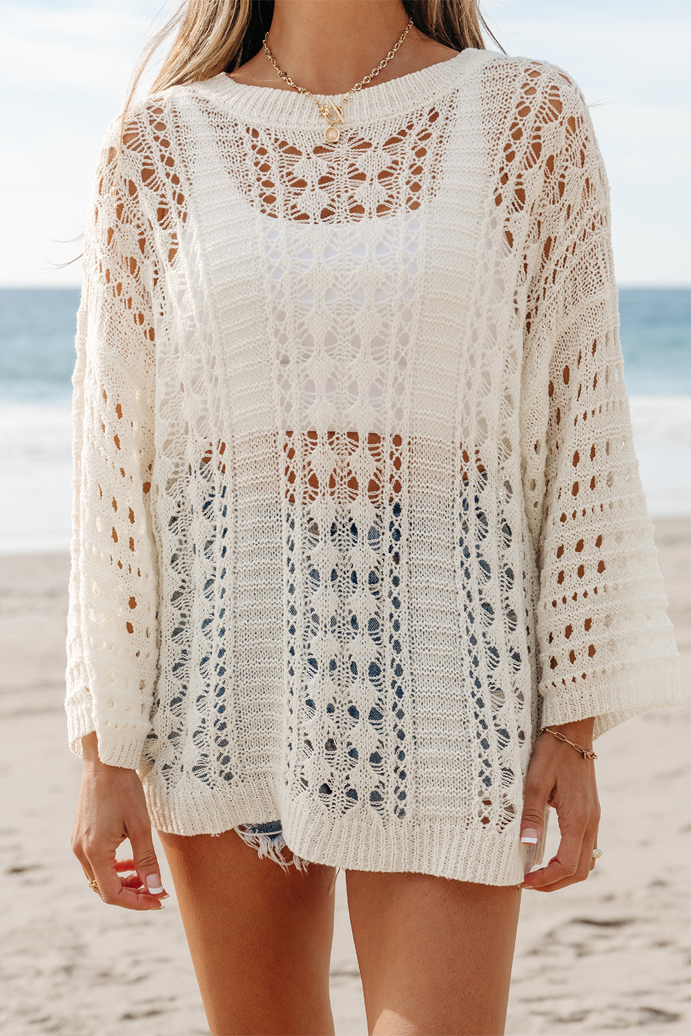 White Hollow Out Knit Bracelet Sleeve Drop Shoulder Sweater Sweaters JT's Designer Fashion