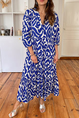 Blue Western Abstract Geometric Printed Long Dress Blue 100%Polyester Maxi Dresses JT's Designer Fashion