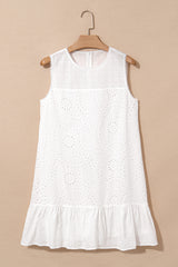White Floral Eyelet Embroidered Sleeveless Shift Dress Mini Dresses JT's Designer Fashion