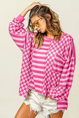Rose Red Checkerboard Striped Patchwork Lantern Sleeve Pocketed Blouse Long Sleeve Tops JT's Designer Fashion