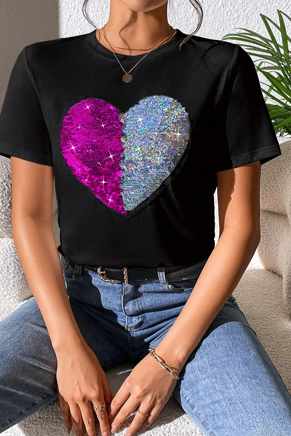 Black Valentine Two Tone Sequined Heart Shaped Graphic T Shirt Graphic Tees JT's Designer Fashion