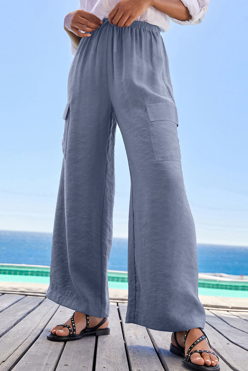 Dark Grey Drawstring Frilled Waist Wide Leg Utility Trousers Pants & Culotte JT's Designer Fashion