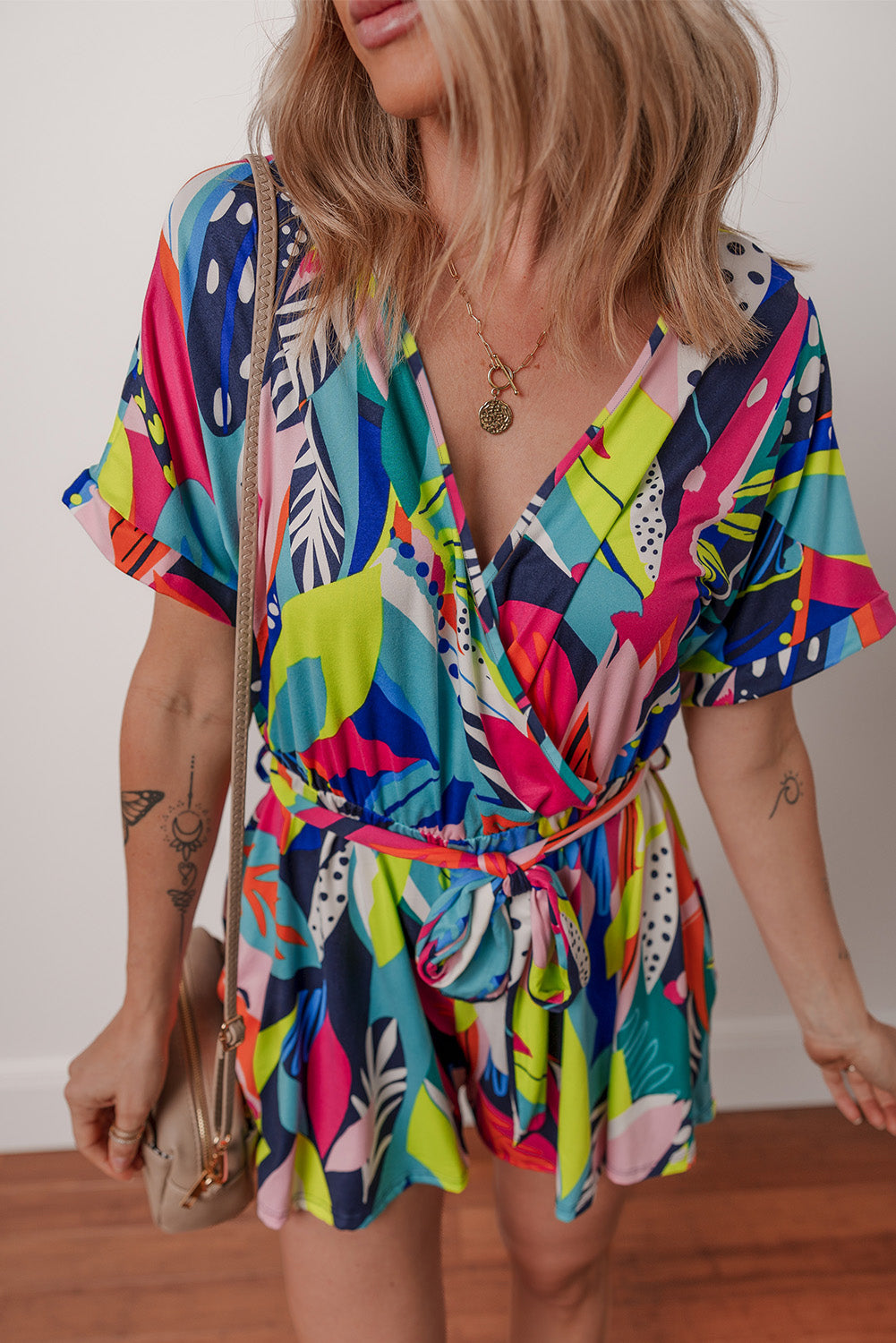 Multicolour Tropical Printed Surplice Neck Tie Waist Romper Jumpsuits & Rompers JT's Designer Fashion