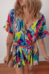 Multicolour Tropical Printed Surplice Neck Tie Waist Romper Jumpsuits & Rompers JT's Designer Fashion