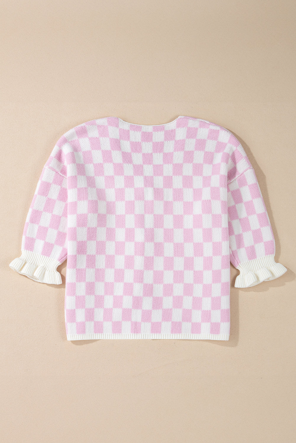 Light Pink Checkered Knitted Lace-up Ruffled 3/4 Sleeve Cardigan Cardigans JT's Designer Fashion