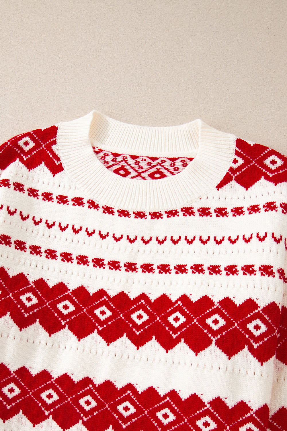 White Western Geometric Patterned Crew Neck Loose Sweater Sweaters JT's Designer Fashion