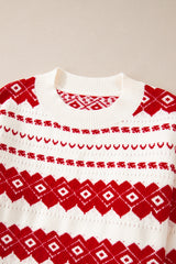 White Western Geometric Patterned Crew Neck Loose Sweater Sweaters JT's Designer Fashion