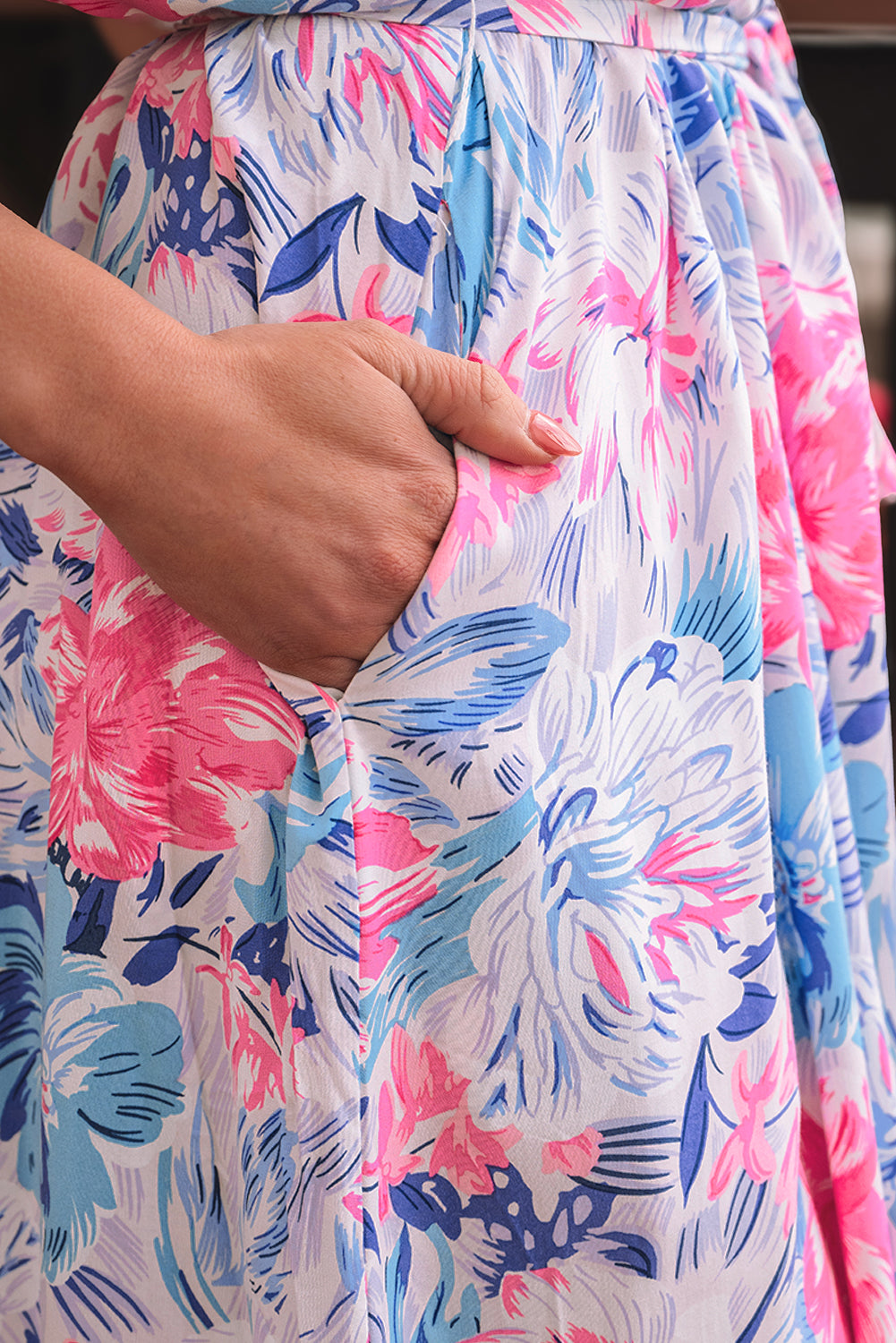 Sky Blue Floral Printed Sleeveless O Neck Knot Waist Maxi Dress Floral Dresses JT's Designer Fashion