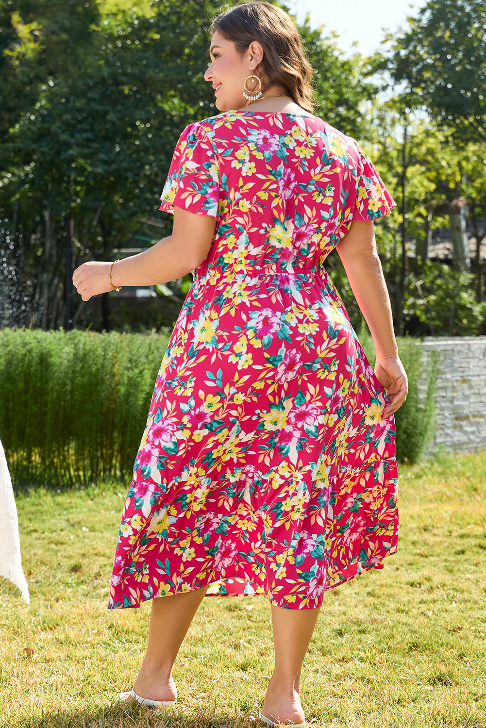 Pink Floral Print V Neck Pocketed High Waist Plus Size Midi Dress Plus Size Midi Dresses JT's Designer Fashion